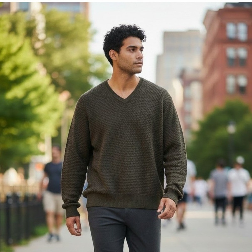Segreto Mens XL‎ V-Neck Sweater 100% Fine Merino Wool Textured Knit Olive Green